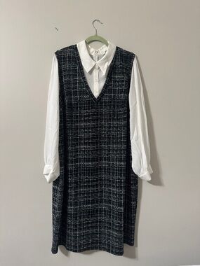 Cato Black & White Tweed V-Neck Dress with White Shirt Detail